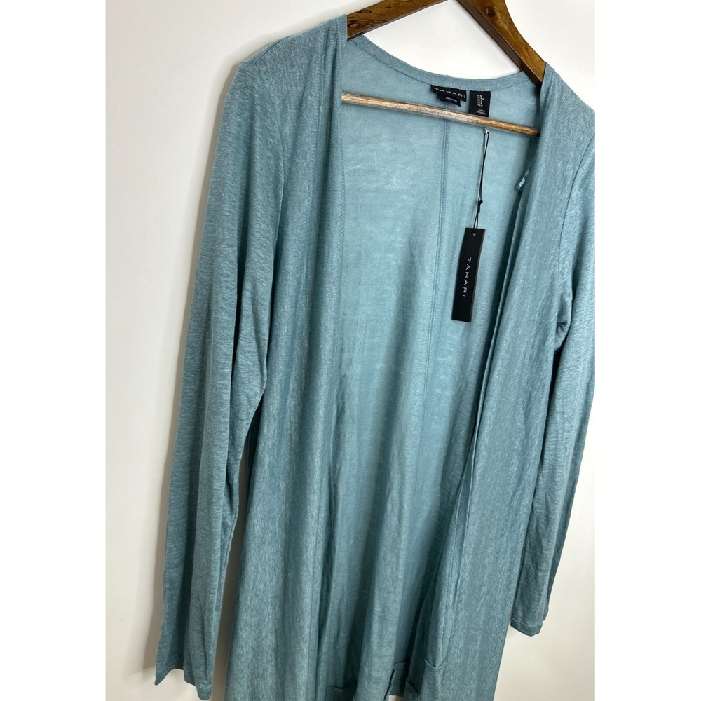 New Tahari 100% Linen Open Front Cardigan Dusty Teal Blue Longline Duster Medium - Picture 4 of 11